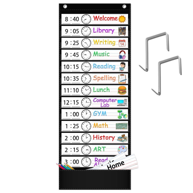 AKAYOK Daily Schedule Pocket Chart, 13+1 Pocket Visual Schedule Chart, 18 Double-Sided Blank Reusable Dry-Eraser Cards, Educational Schedule Charts for Classroom Homeschooling Toddlers-Black - Image 1